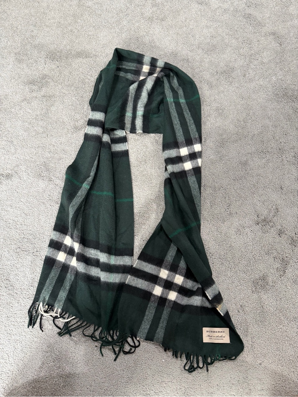 Burberry Dark Green Plaid Cashmere Scarf with White and Gray Stripes